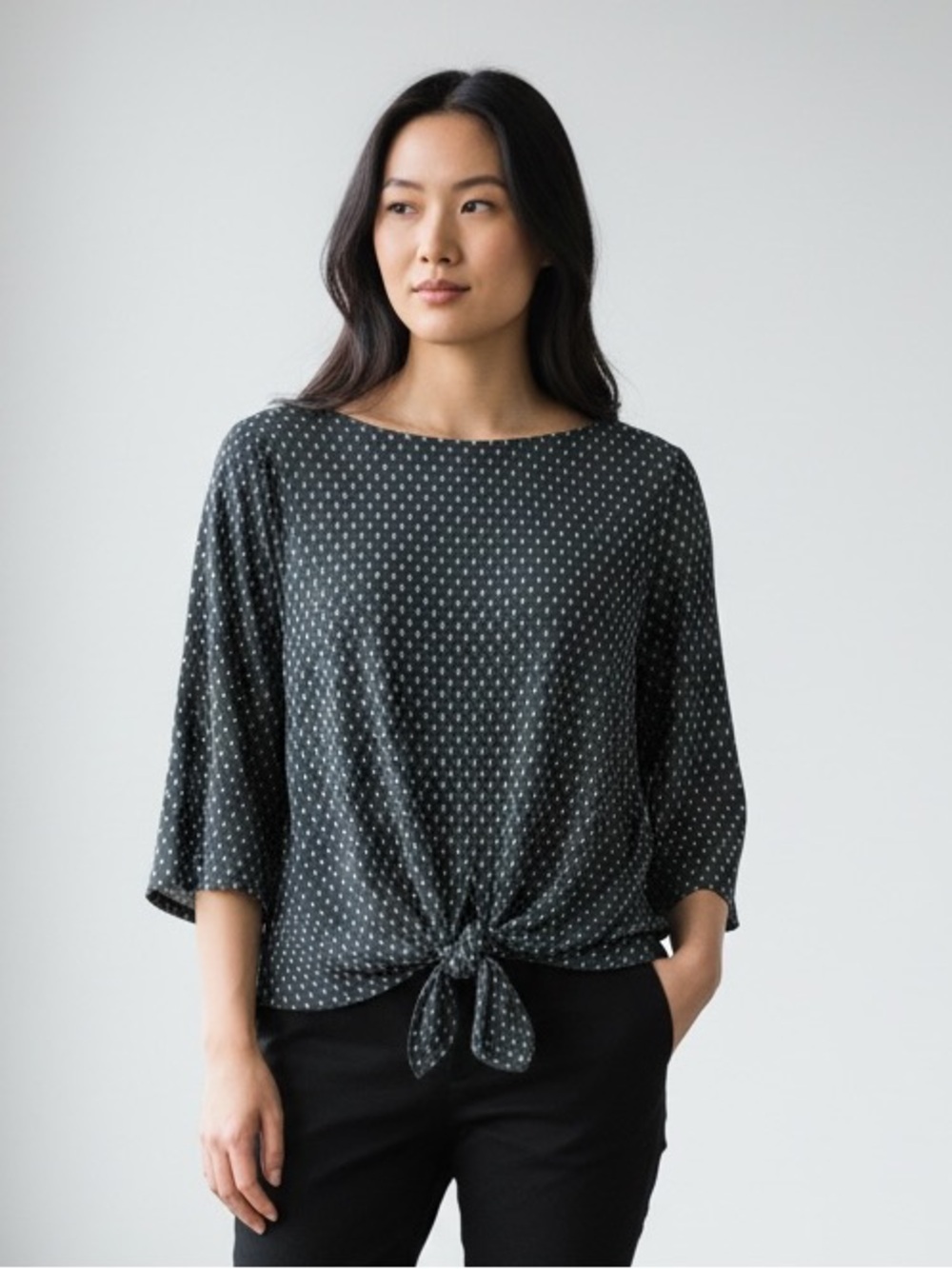 Ann Taylor Olive Green Dot Tie-Front Blouse
